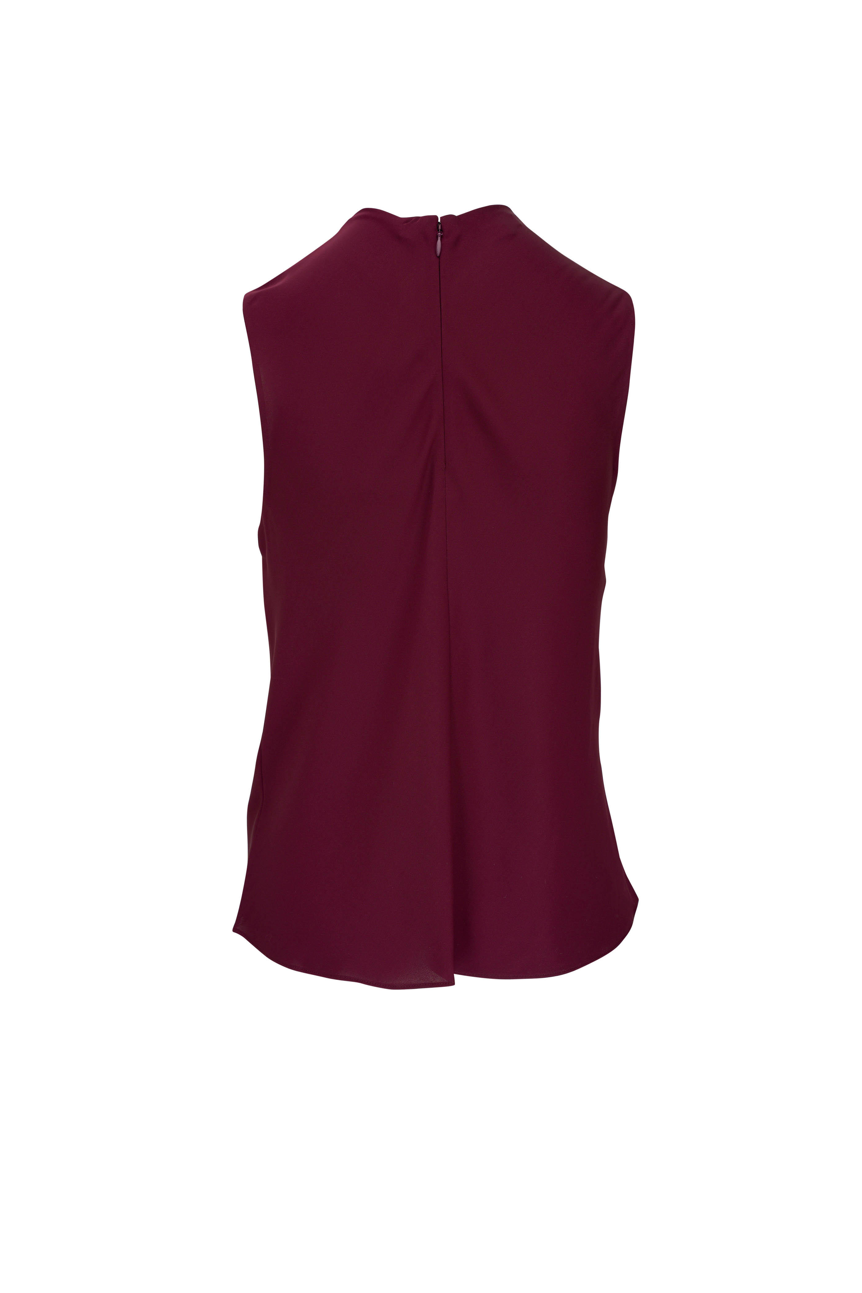 Vince - Dark Cherry Stretch Silk Draped Sleeveless Blouse