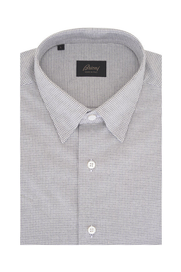 Brioni White & Gray Micro Houndstooth Sport Shirt