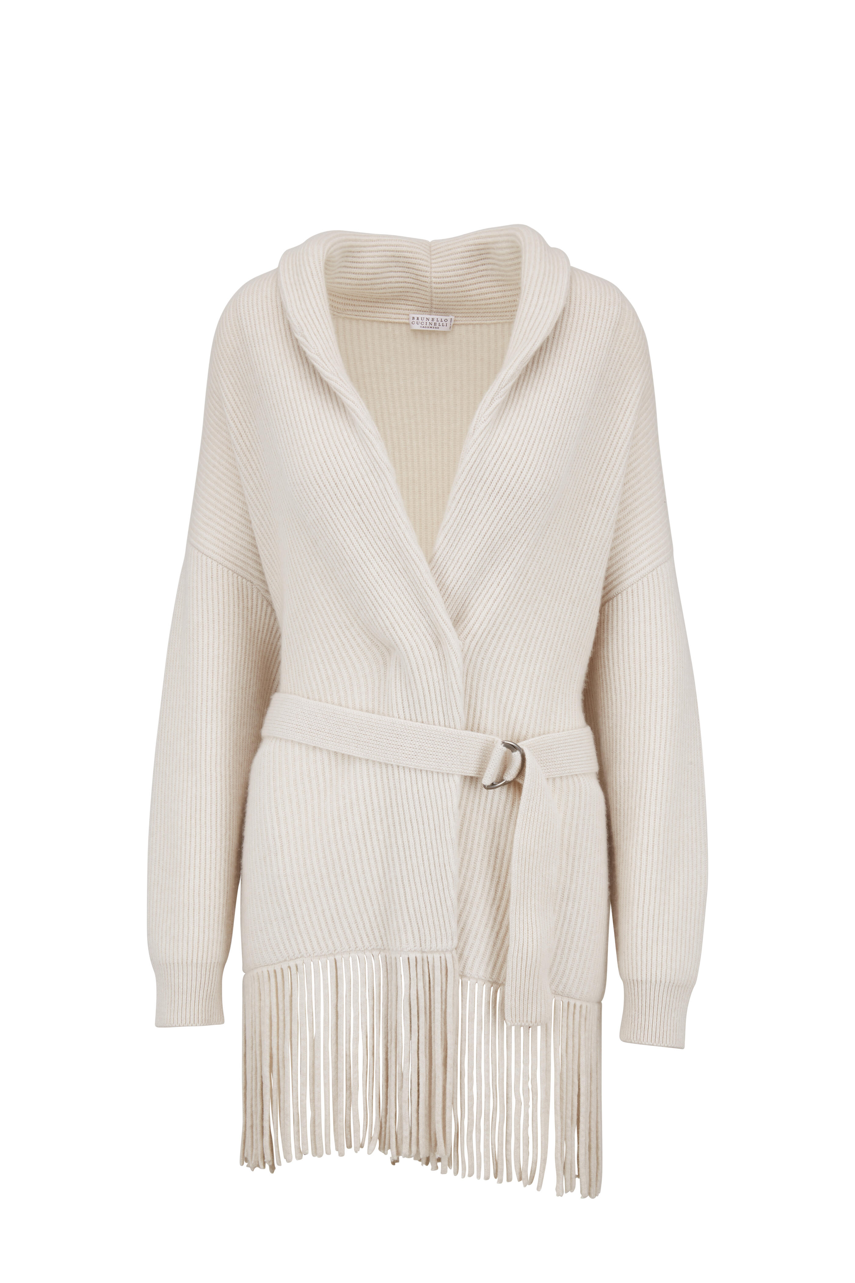 Brunello Cucinelli - Oat Cashmere Fringed Trim Belted Cardigan