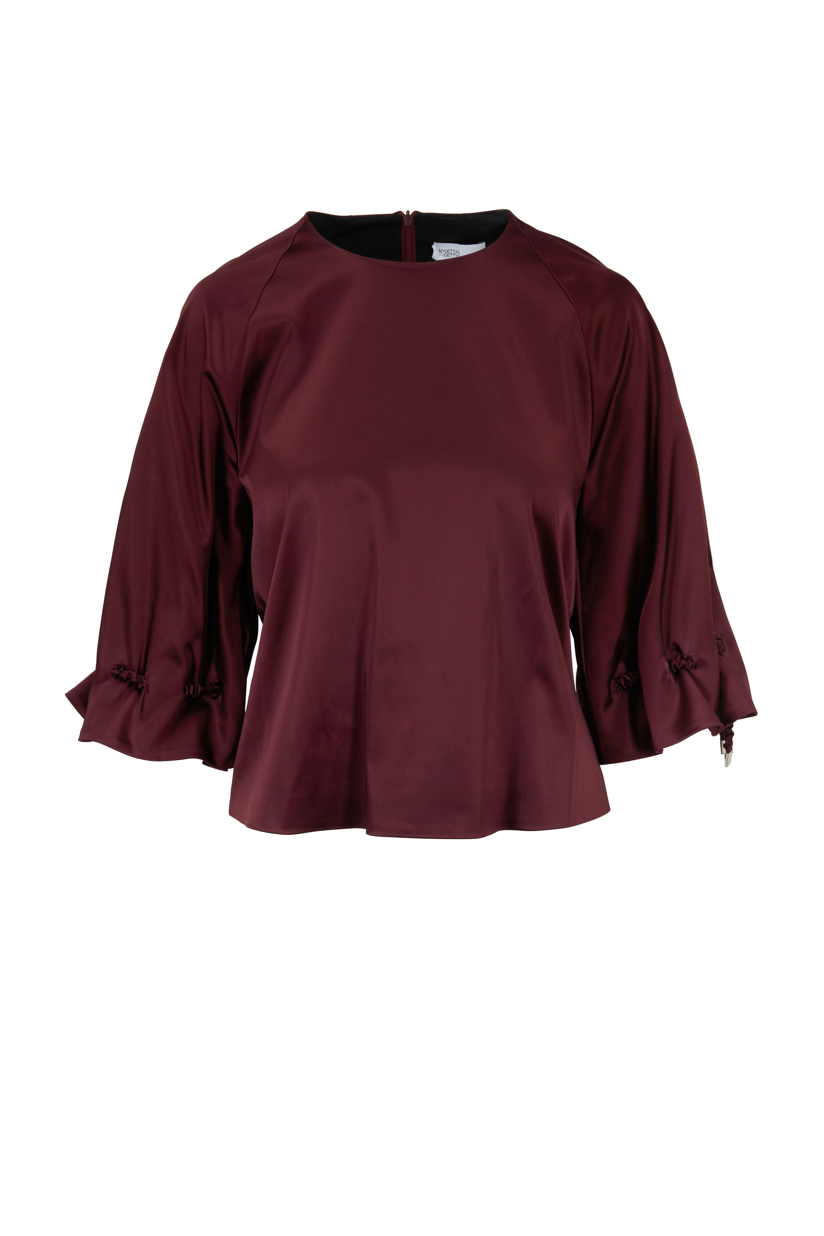 Rosetta Getty - Maroon Satin Ruched Sleeve Top