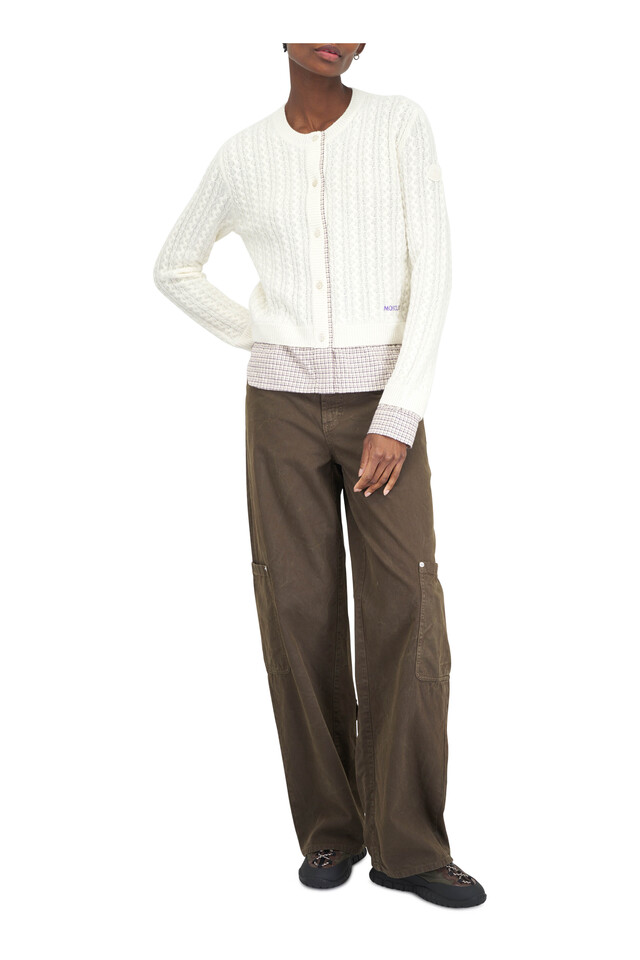Designer outfit featuring Brown Heavy Cotton Canvas Cargo Pant, Cable Knit Wool & Cashmere Cardigan and 1 other piece