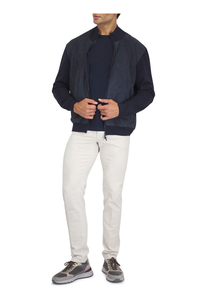 Designer outfit featuring Nerano Beige Cotton & Silk Five Pocket Pant and Blue Graphite Knit Wool & Suede Jacket