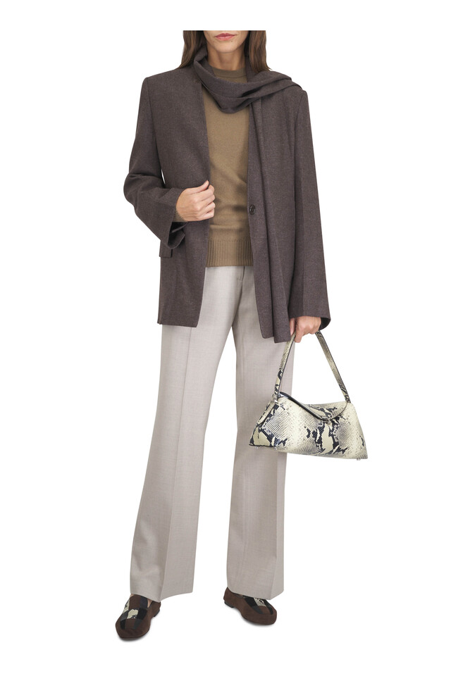 Designer outfit featuring T-Lock Natural Embossed Leather Shoulder Bag and Greene Sandstone Stretch Wool Straight Leg Pant