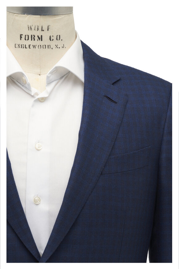 Zegna Dark Blue Tonal Plaid Cashmere & Silk Sportcoat