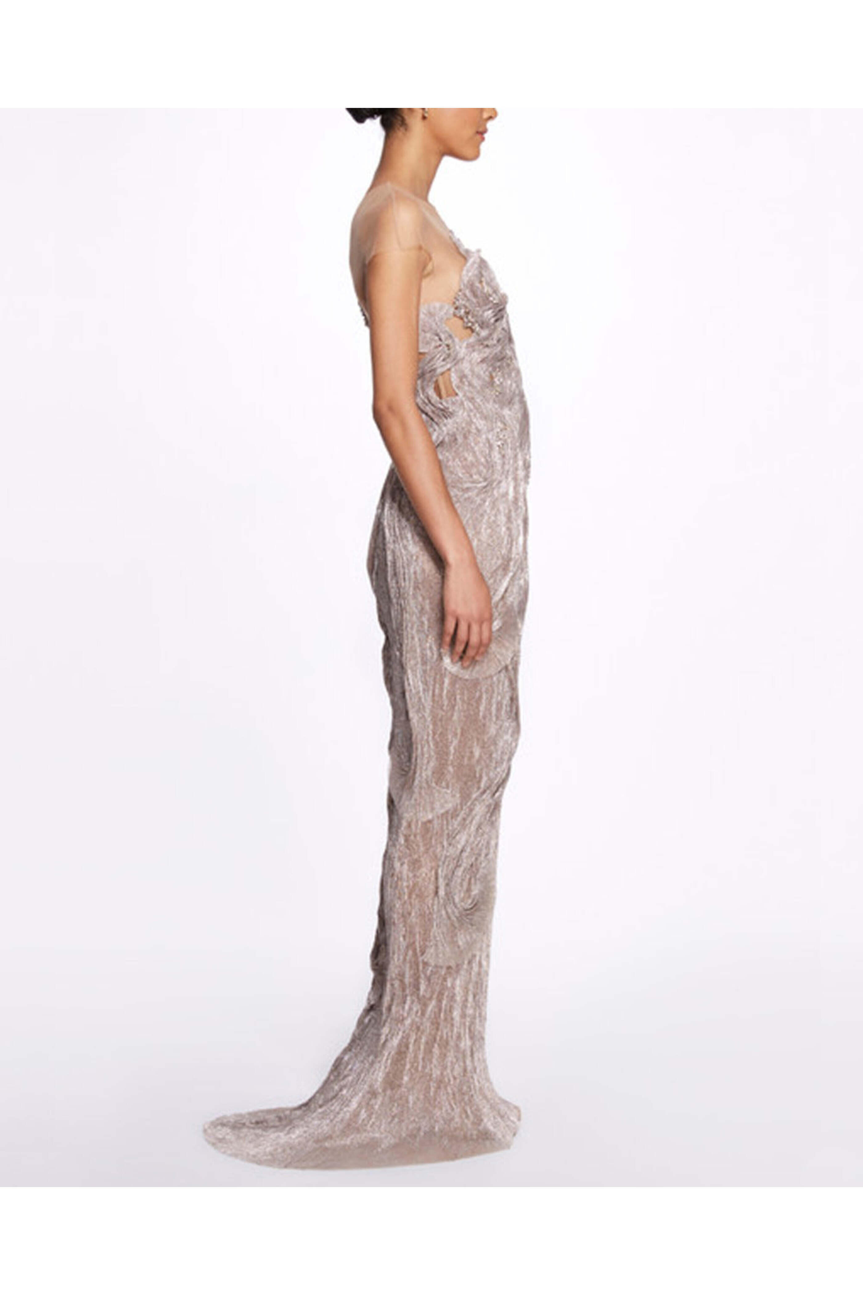 Marchesa - Silver Asymmetrical Micro Pleat Gown