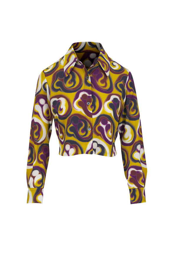 Odeeh Yellow & Purple Blurred Paisley Print Silk Blouse