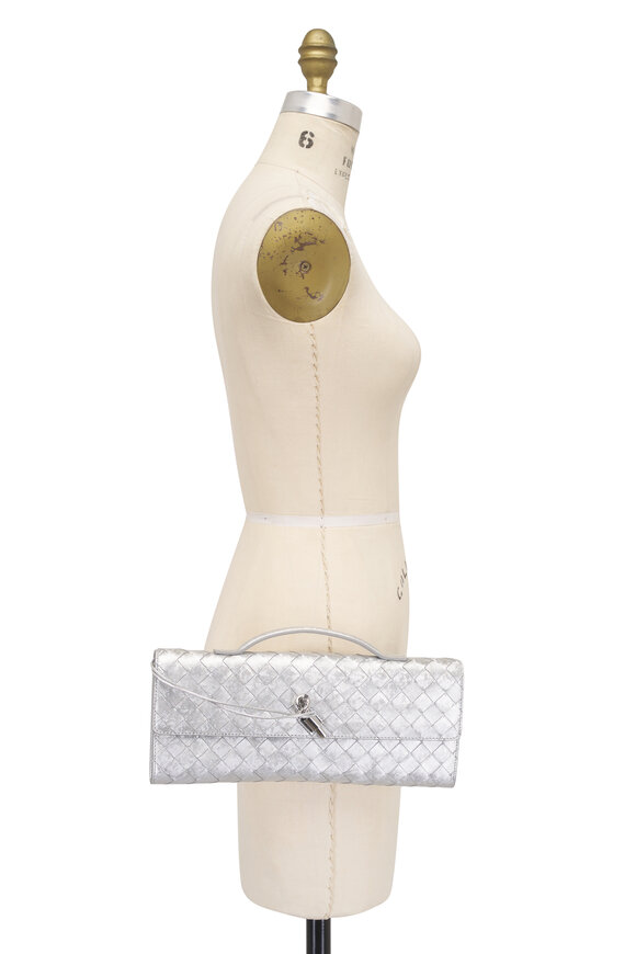 Bottega Veneta Andiamo Silver Metallic Woven Leather Clutch - view 7
