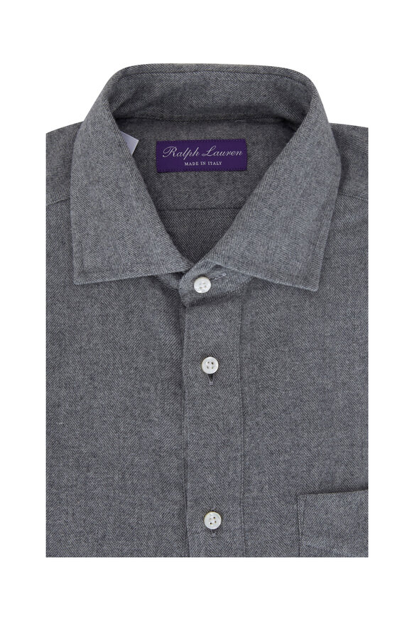 Ralph Lauren Purple Label - Gray Herringbone Long Sleeve Flannel Polo Shirt