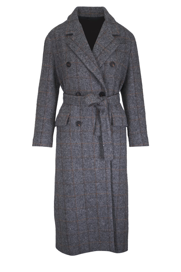 Brunello Cucinelli Gray Plaid Mélange Belted Overcoat - view 1