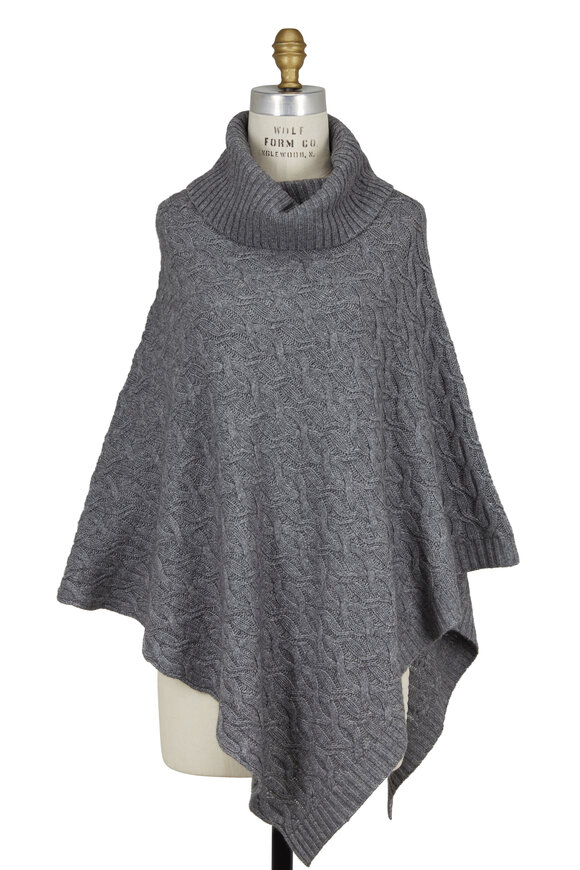 Kinross - Gray Wool & Cashmere Cable Knit Turtleneck Poncho