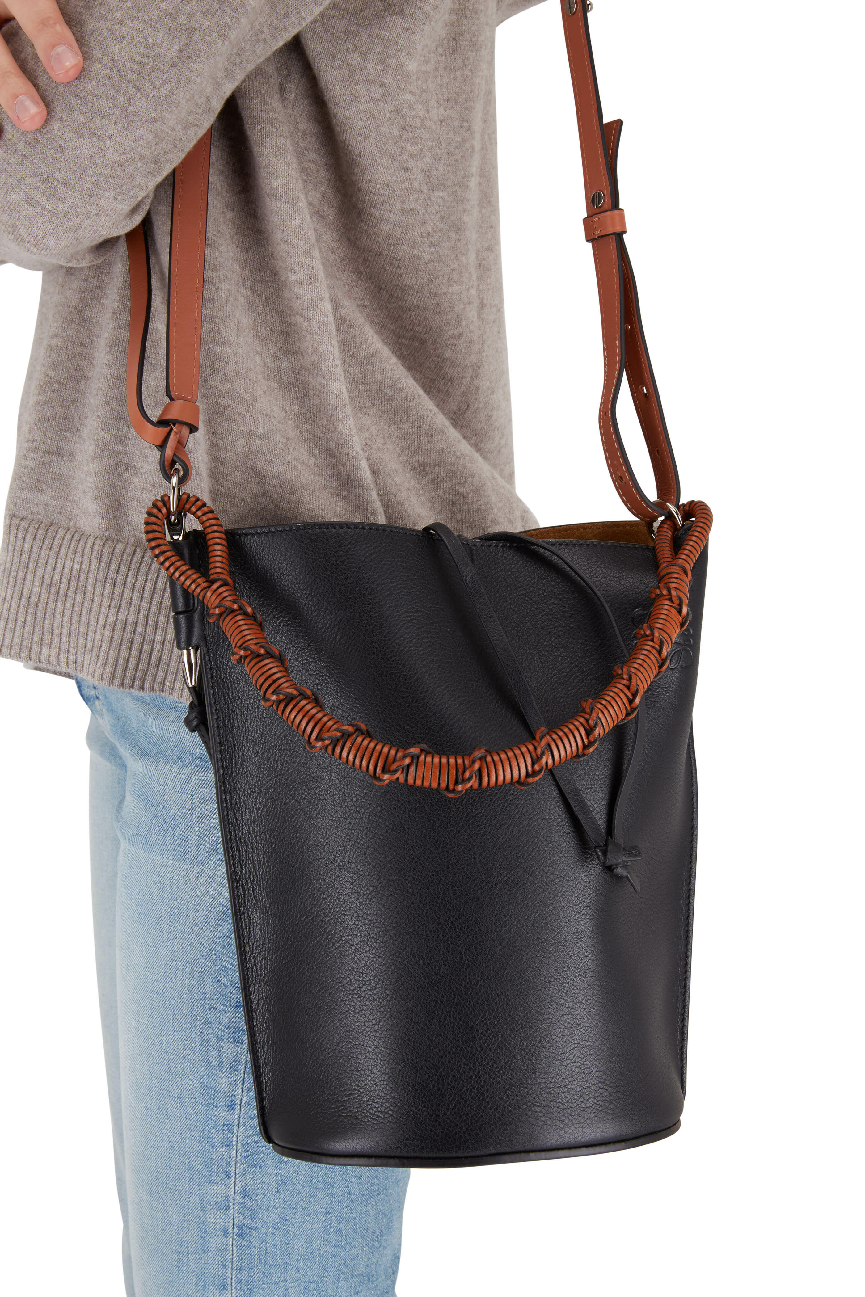 Loewe - Black Leather Woven Handle Bucket Bag