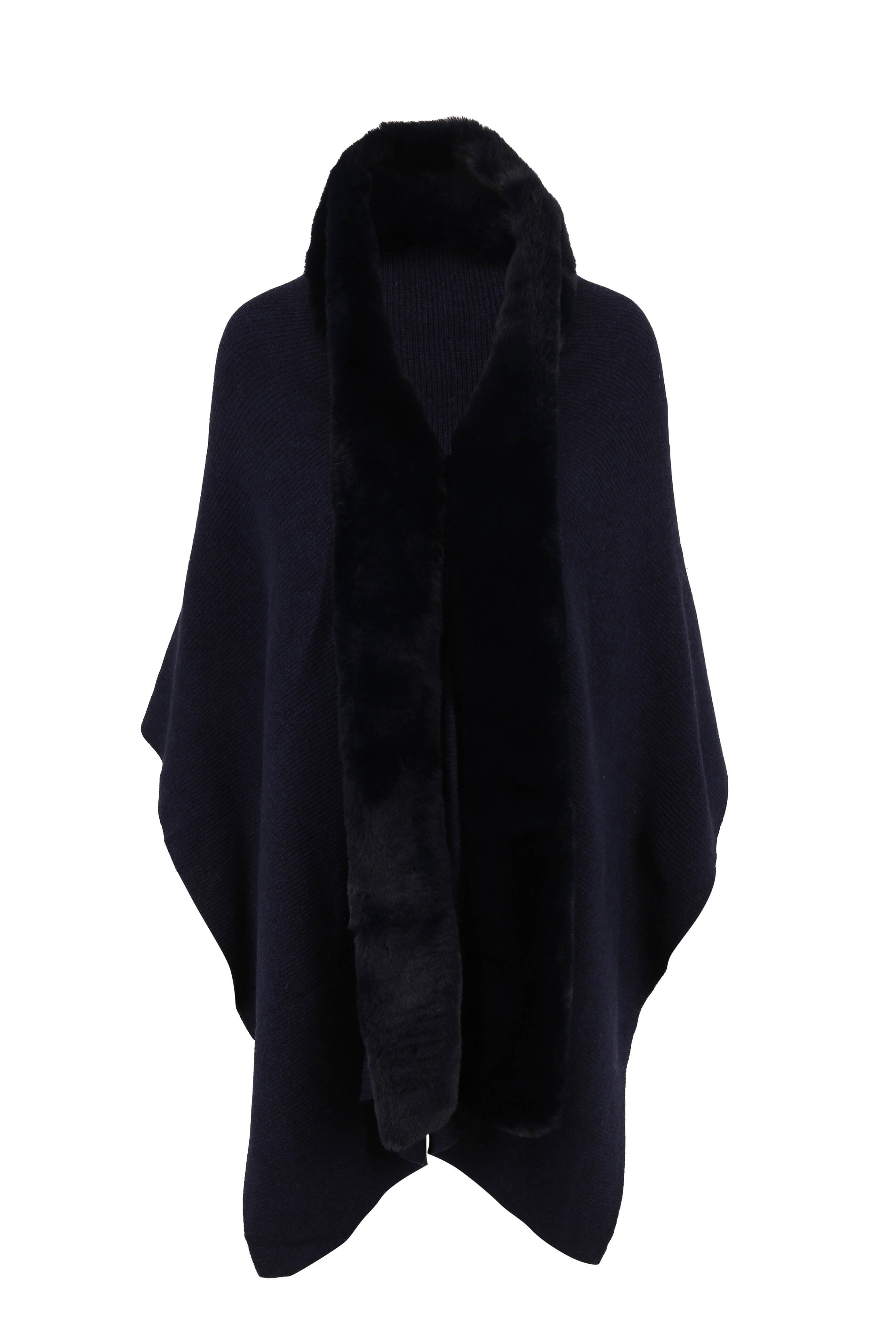 Kinross - Navy Cashmere & Faux Fur Trim Wrap