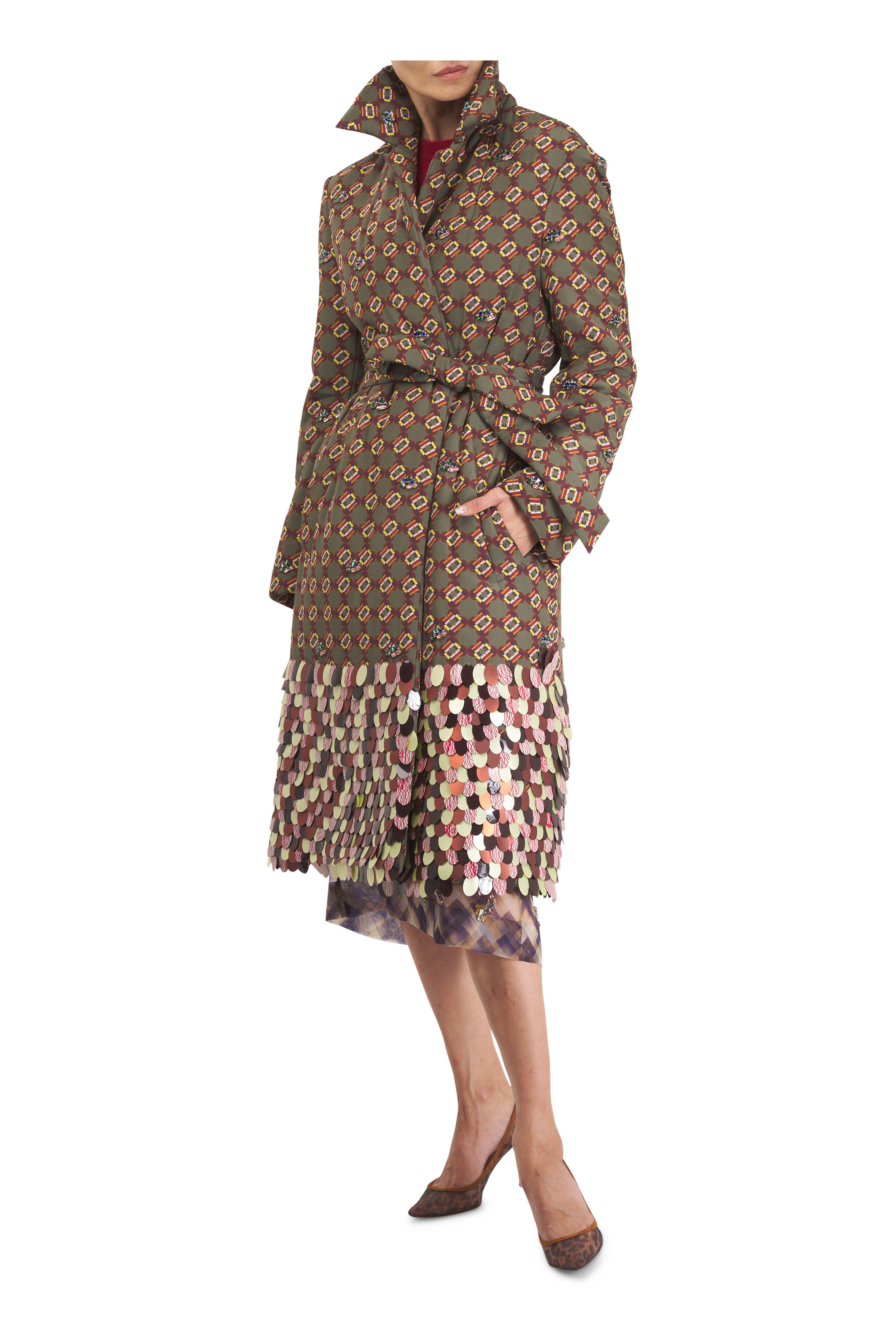 Dries Van Noten - Khaki Multi Paillette Hem Coat