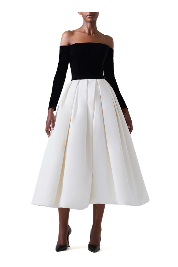 Carolina Herrera - Black & White Long Sleeve Velvet Combo Midi Dress