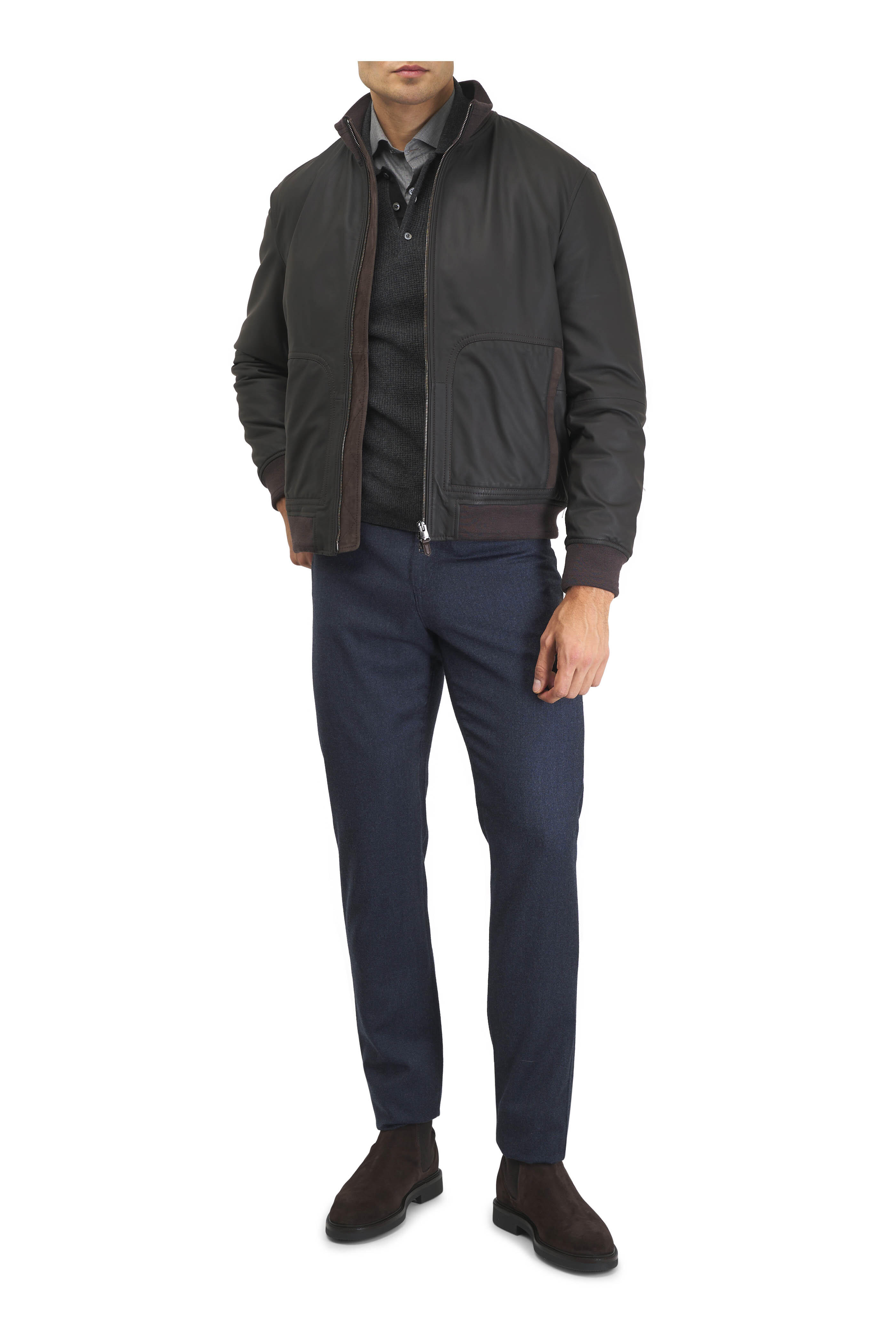 Canali - Brown Leather Bomber Jacket