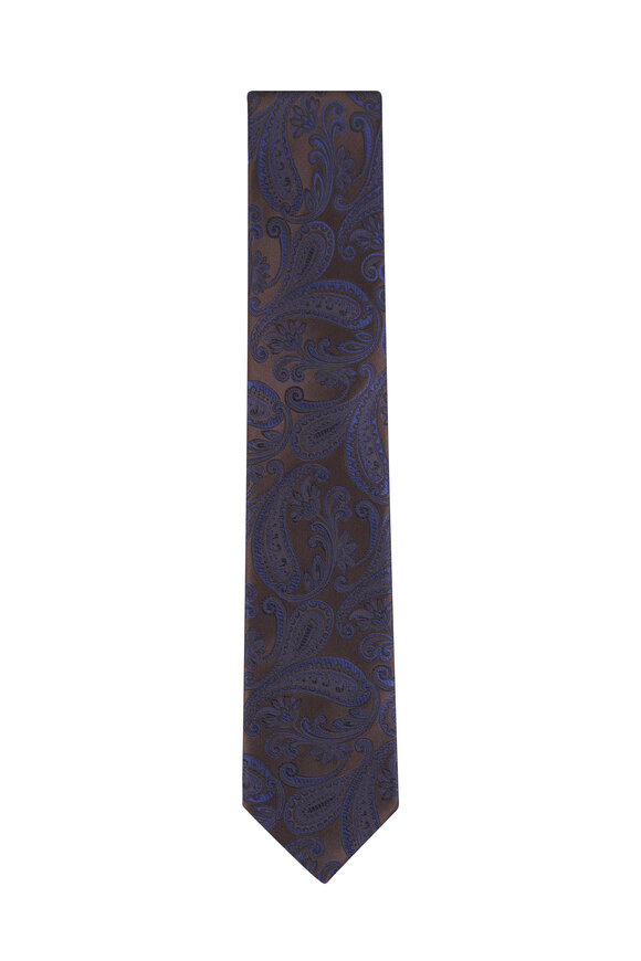 Eton Brown & Blue Paisley Woven Silk Tie - view 1