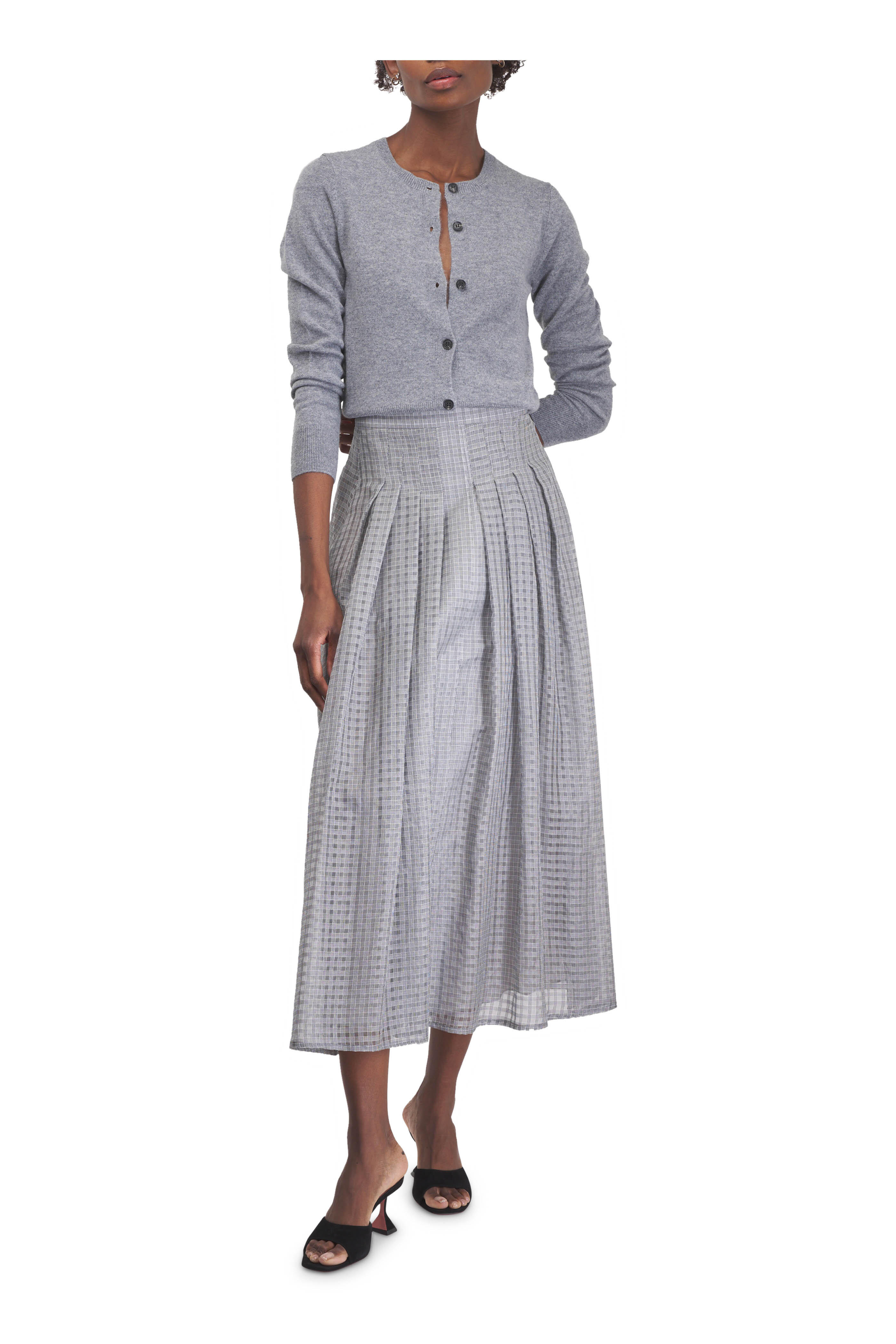 Akris - Black & Ecru Plaid Pleated Midi Skirt