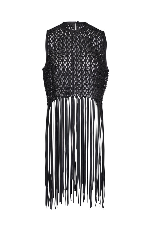 Lafayette 148 New York Black Nappa Leather Macramé Fringe Blouse