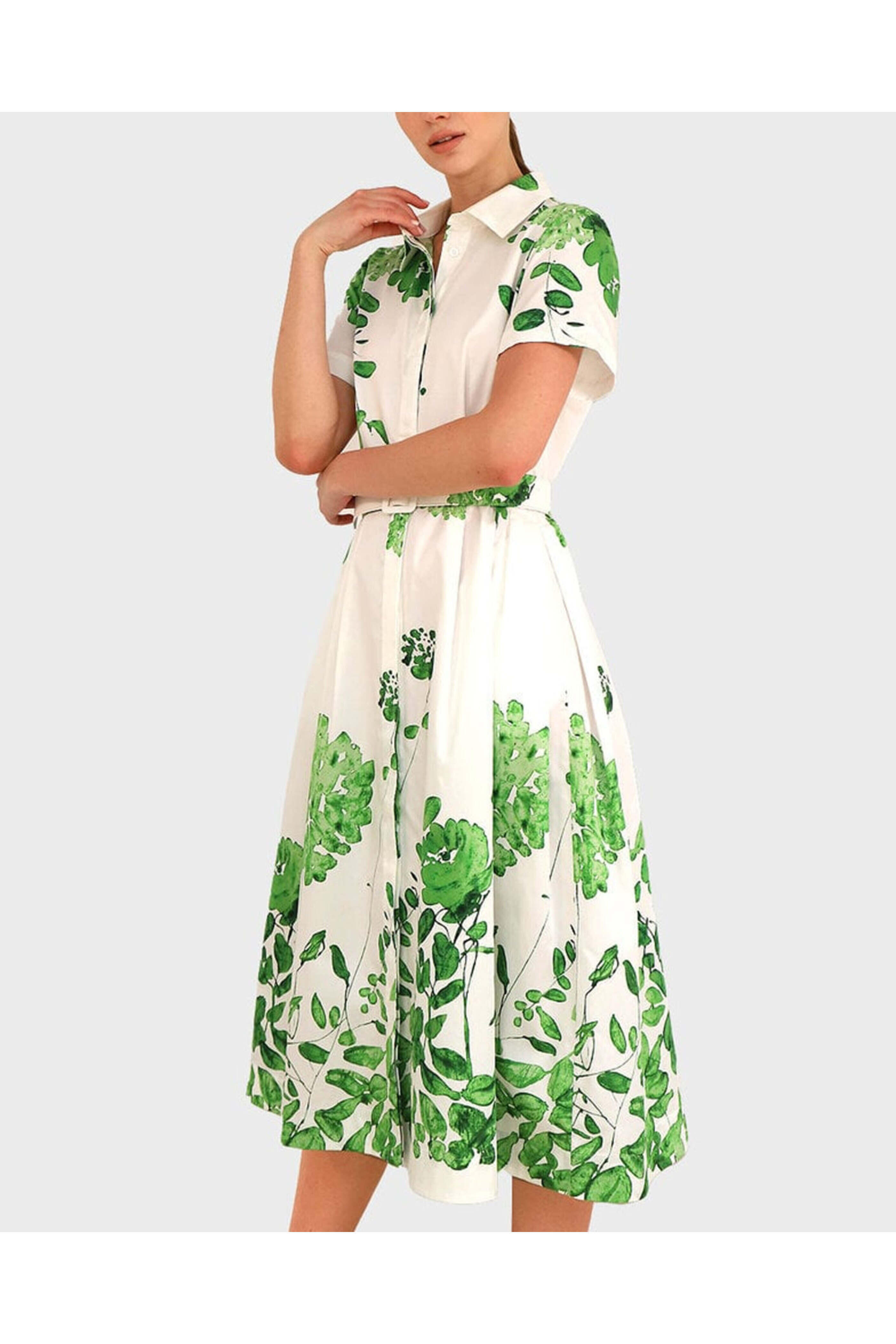 Rani Arabella - White Leaves Belted Ortensia Shirtdress