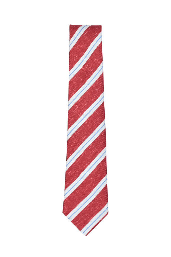 Kiton - Red & White Striped Silk Necktie 