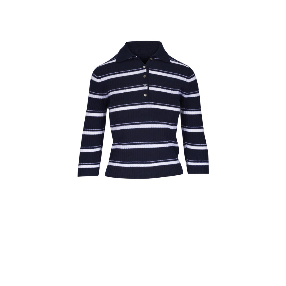 Tシャツ・カットソー Vince SS25 Polo shirts (MS1299445 957FDP) Vince - Coastal Blue & Off White Stripe Polo | Mitchell Stores