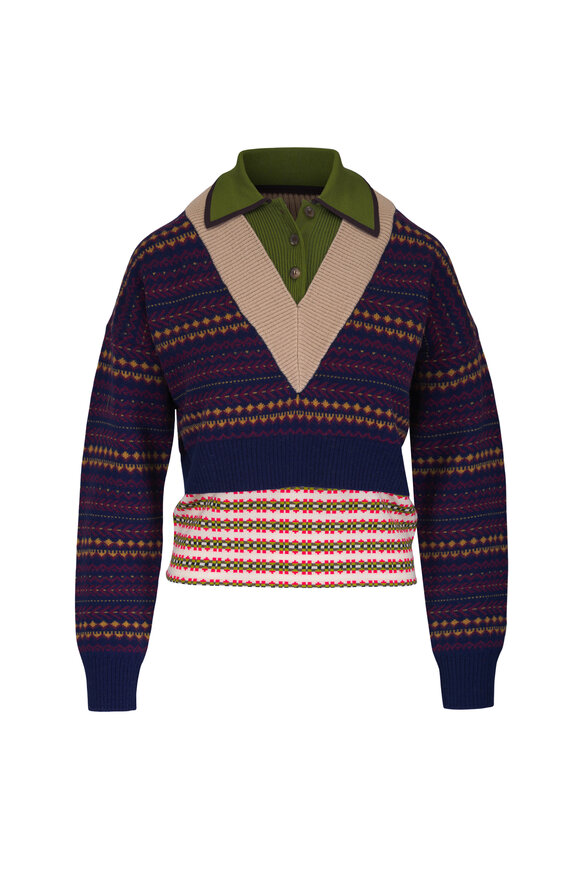Dries Van Noten Navy Multicolor Polo Sweater - view 1