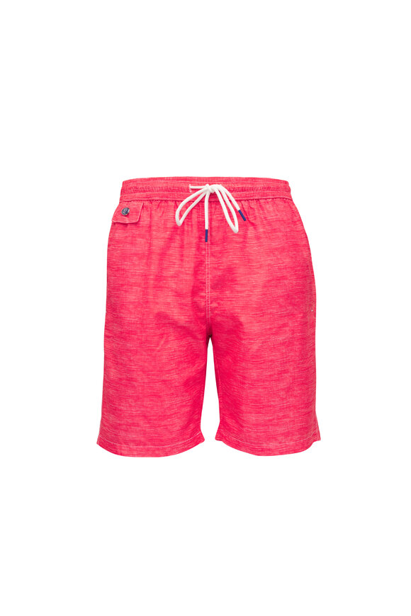Tiki Red Linen Print Swim Trunks