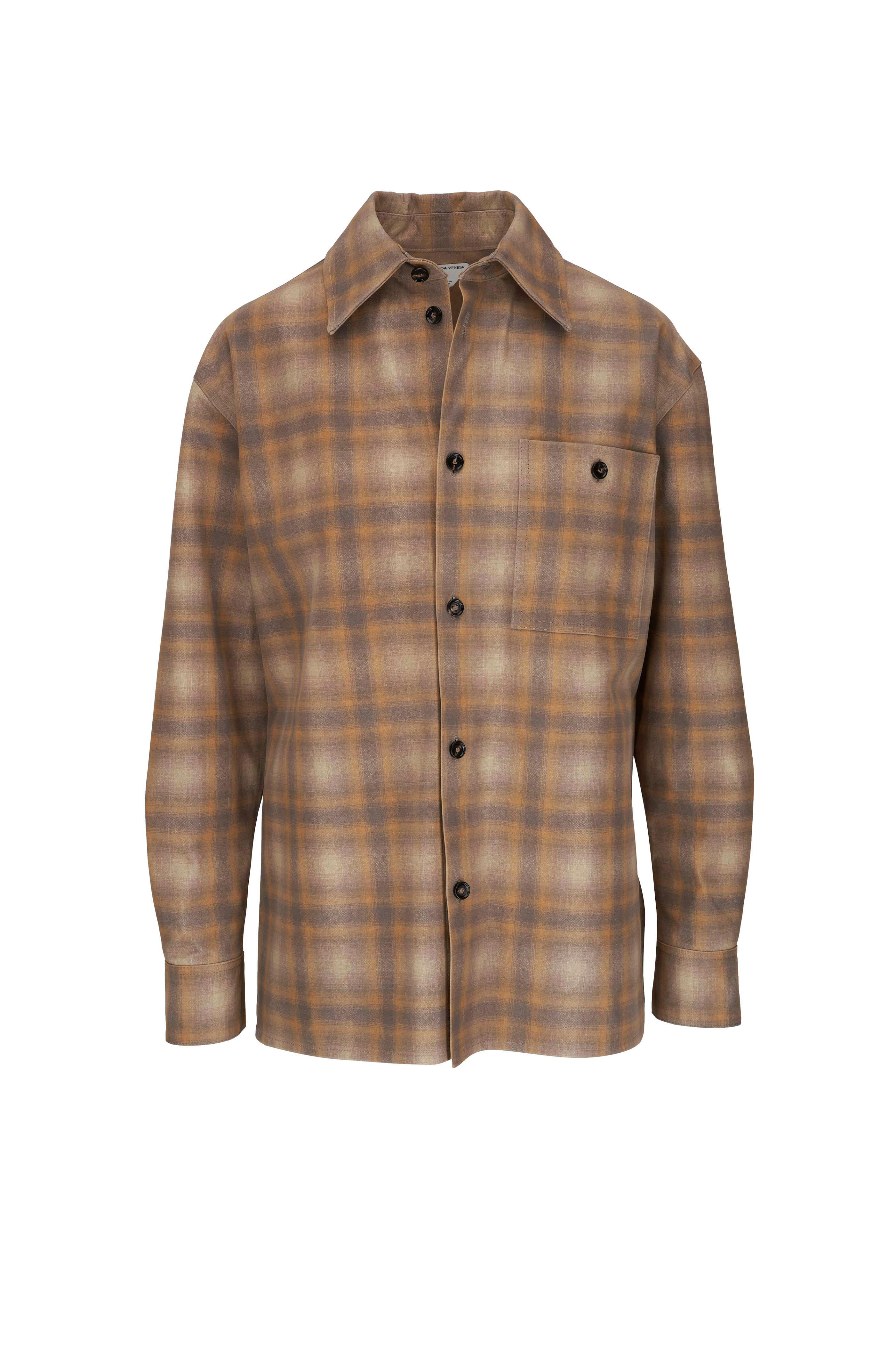 Bottega Veneta - Sand Printed Plaid Leather Oversize Shirt