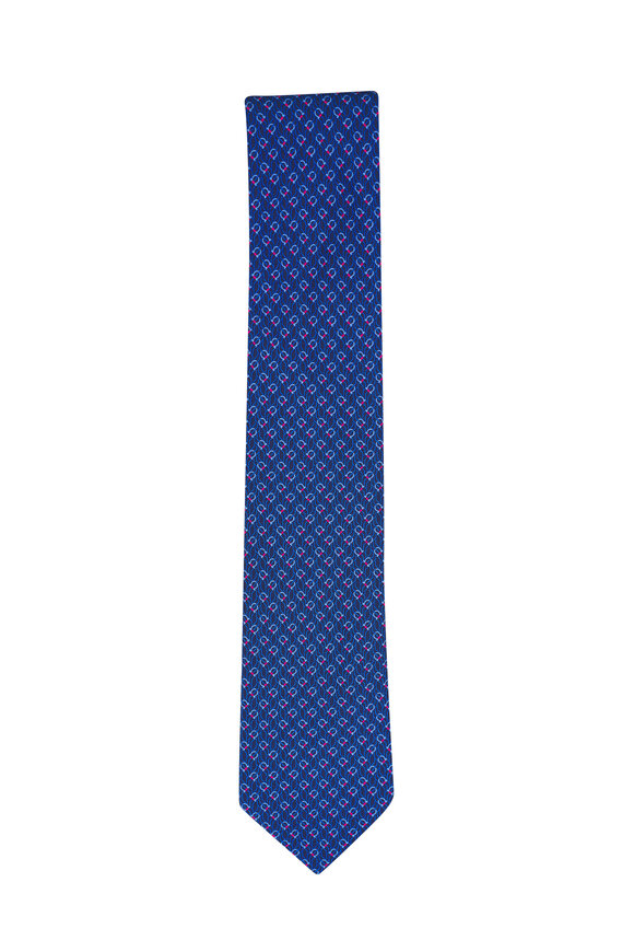 Ferragamo Navy Blue Geometric Print Silk Necktie