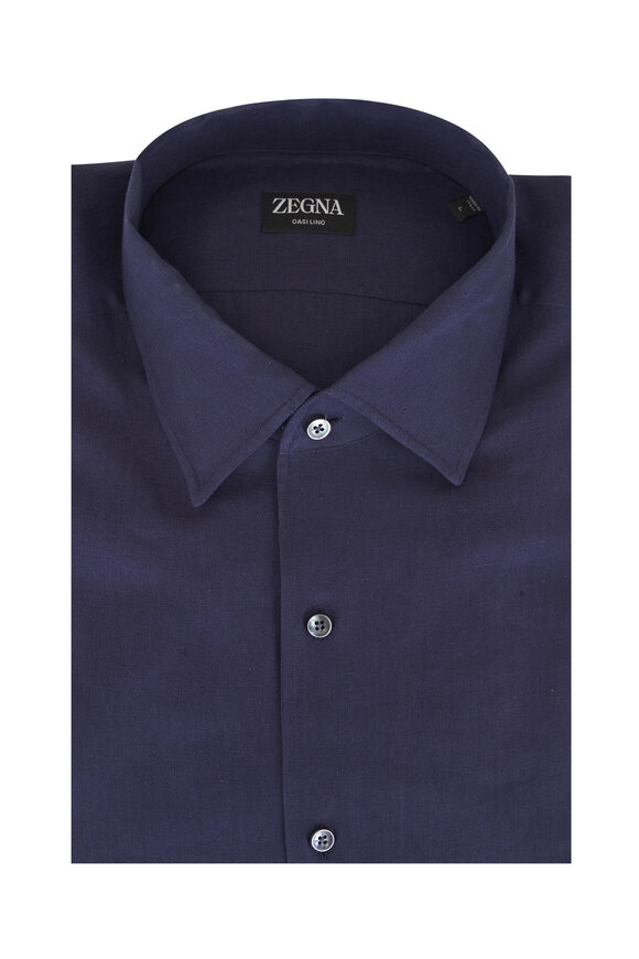 Zegna Navy Linen Dress Shirt