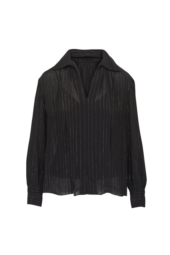 Vince Black Metallic Stripe Lurex Gathered Blouse