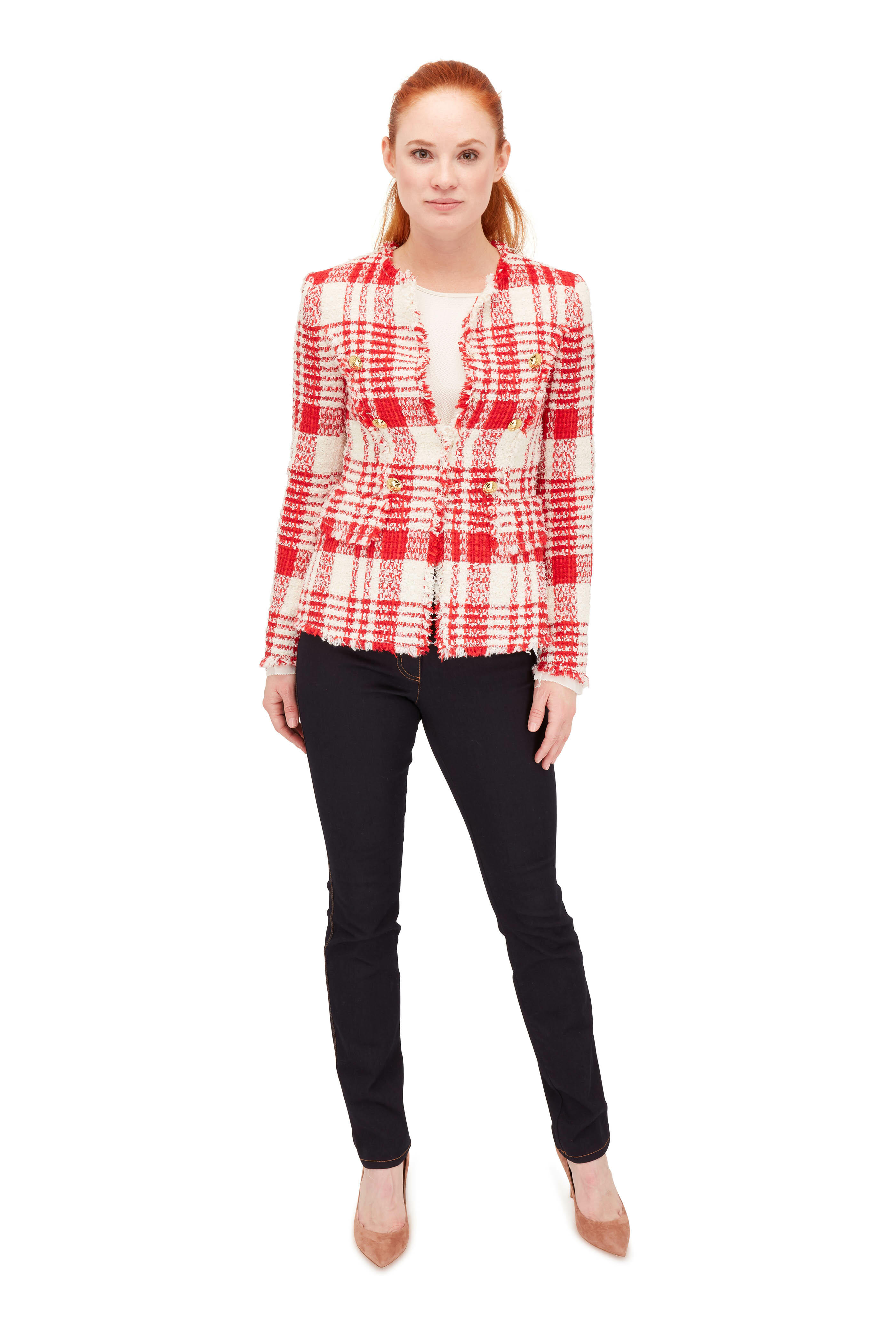 Escada - Betlu Red & Off White Plaid Fringed Trim Jacket