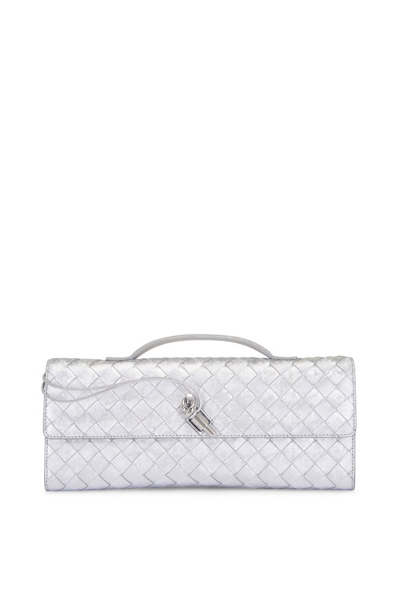 Bottega Veneta Andiamo Silver Metallic Woven Leather Clutch