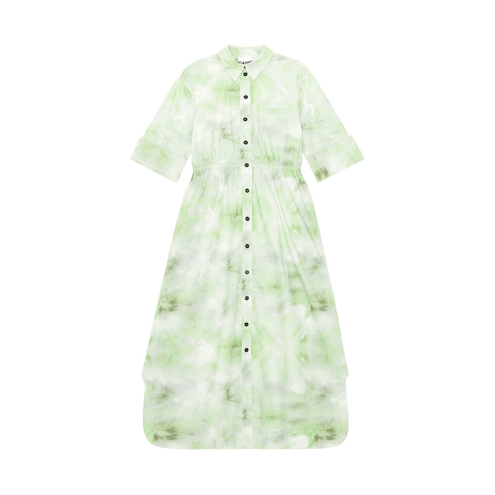green and white tie dye dress Green Porcelain Tie Dye Effect Shirred Midi Dress