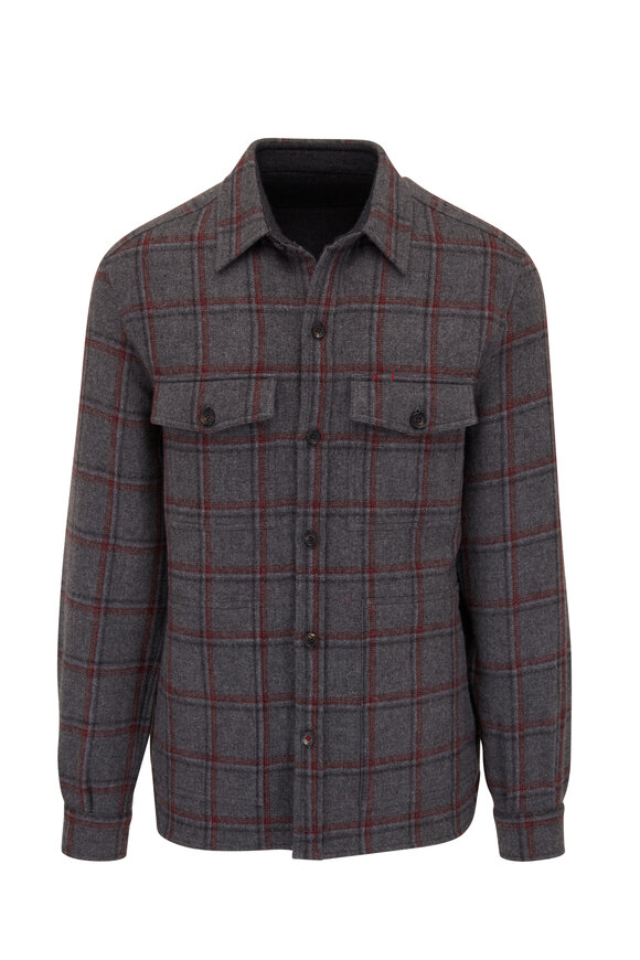 Isaia - Gray & Red 2-Ply Windowpane Overshirt 