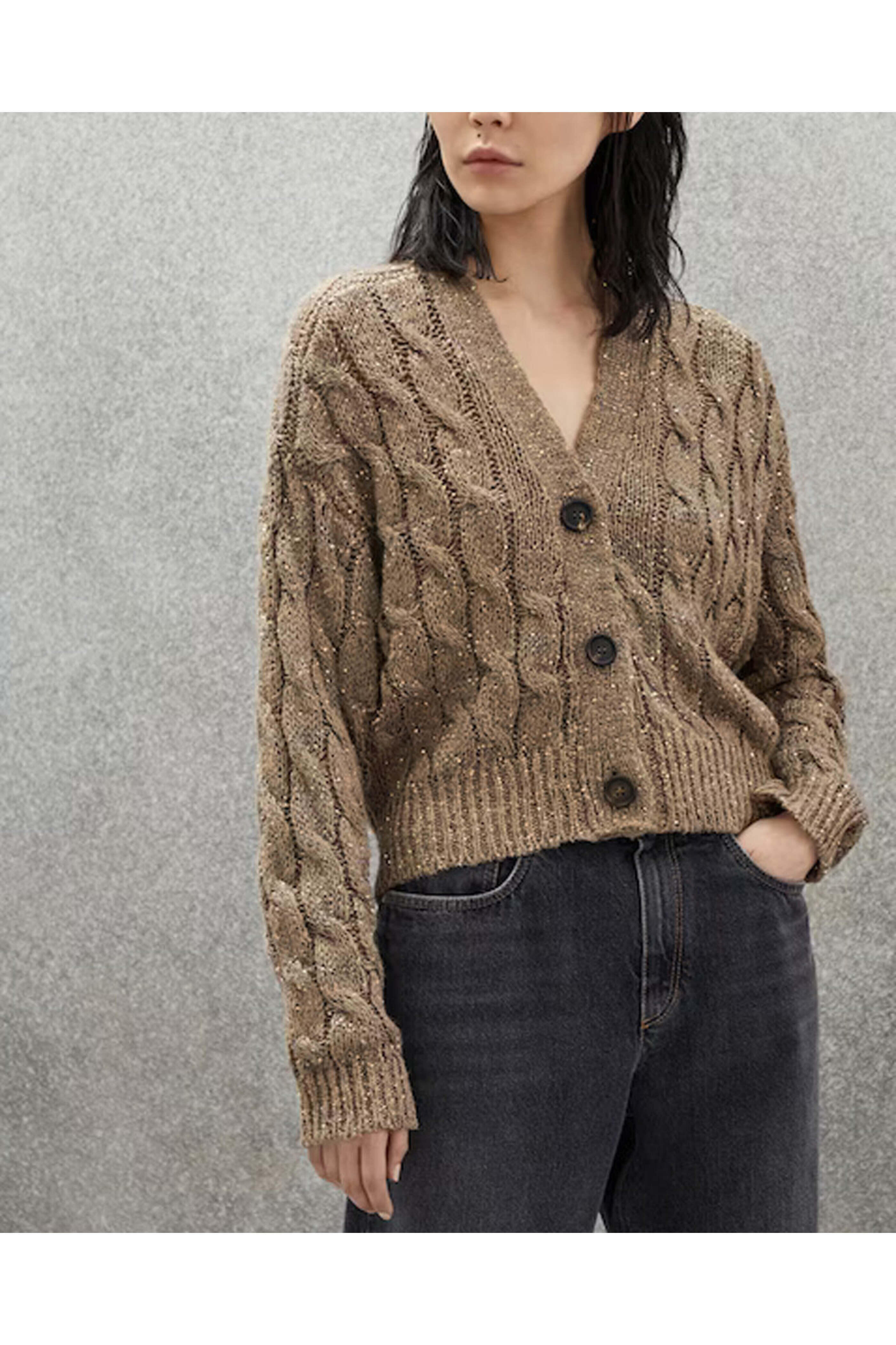 Brunello Cucinelli - Brown Linen Paillette Cable Knit Cardigan