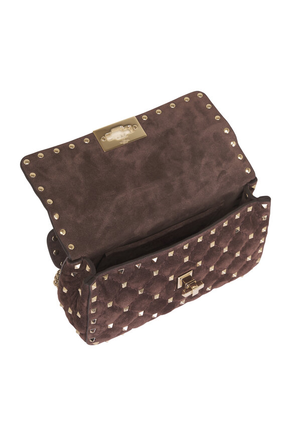Valentino Garavani Small Rockstud Brown Suede Chain Bag - view 6