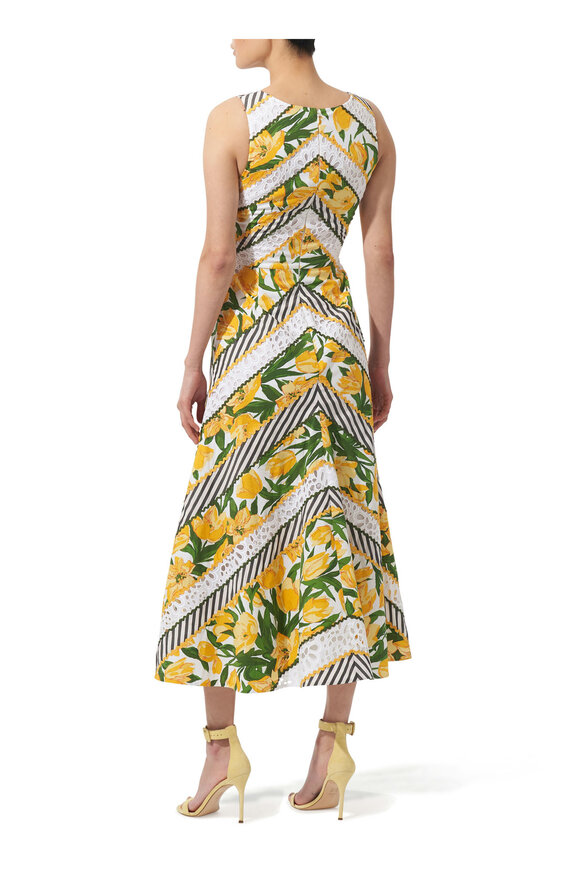 Carolina Herrera - Green & Yellow Embellished V-Neck Dress 