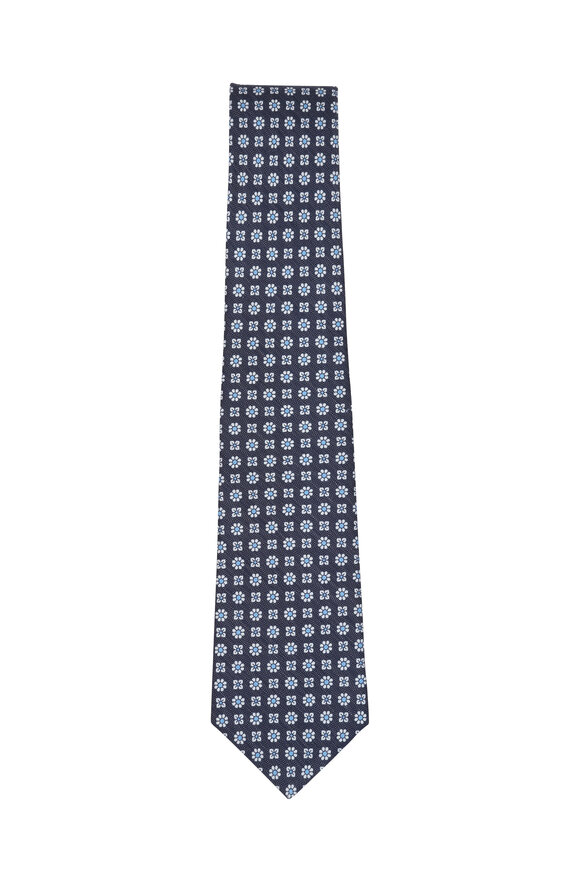 Kiton - Navy Blue & White Floral Silk & Linen Necktie 