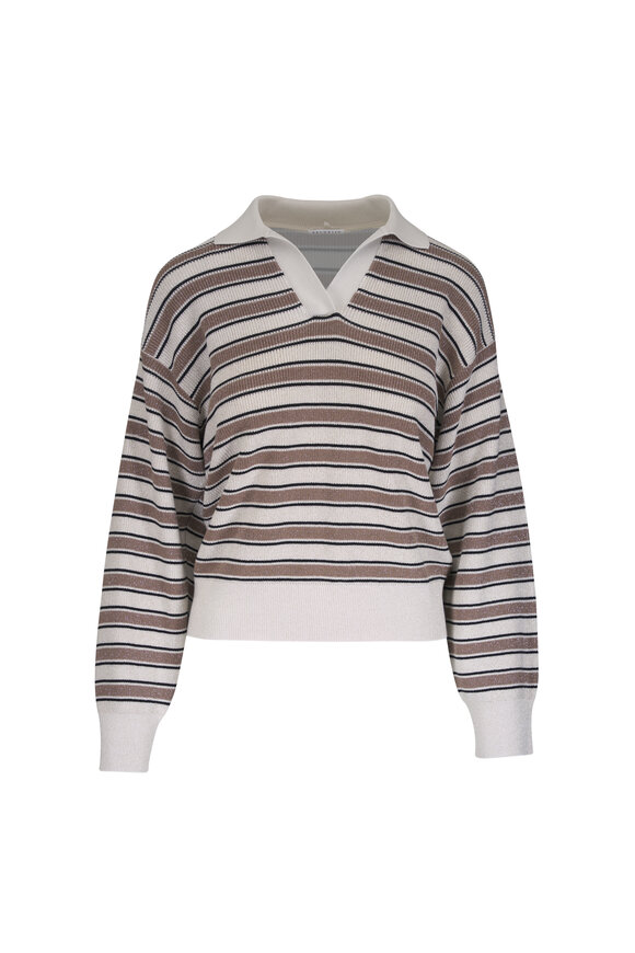 Brunello Cucinelli Ivory Multi Stripe Knit Polo Sweater - view 1
