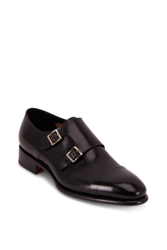 Santoni - Ira Black Leather Cap Toe Double-Monk Shoe