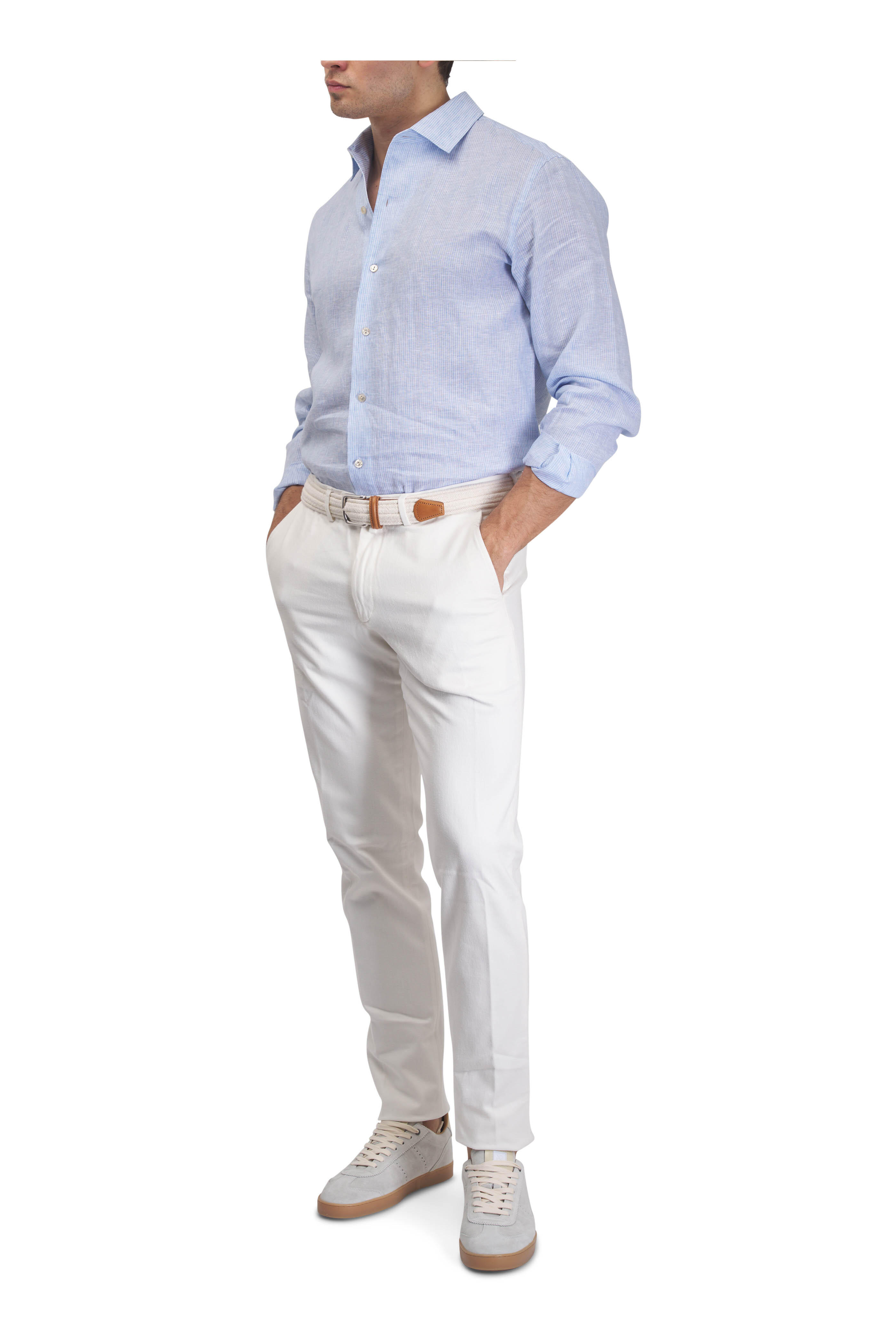 Agnona - Light Blue & White Stripe Linen Sport Shirt