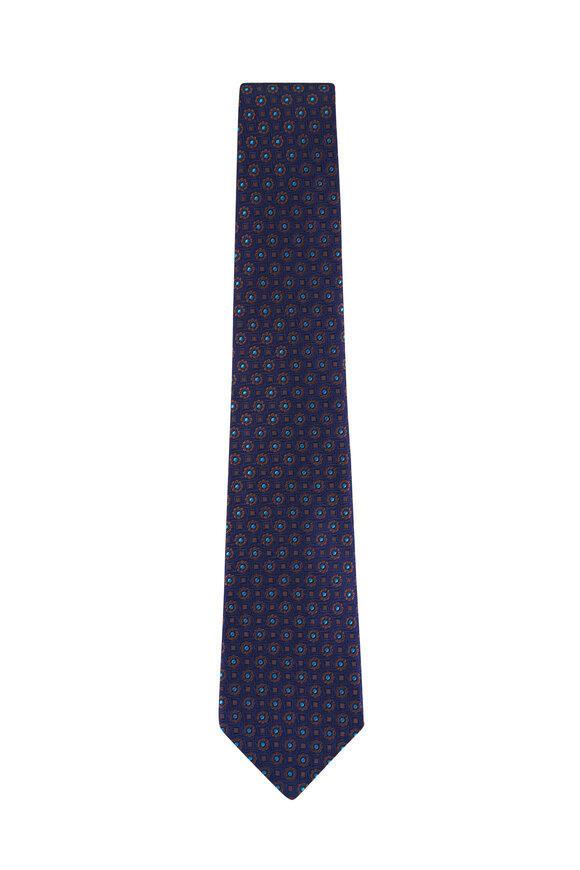 Kiton Navy & Brown Geometric Print Silk Necktie