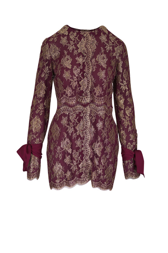 Saint Laurent Burgundy Metallic Lace Lavallière-Cuff Mini Dress - view 1