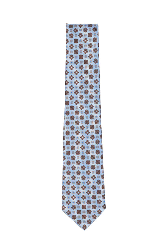 Kiton - Light Blue & Brown Floral Silk Necktie 