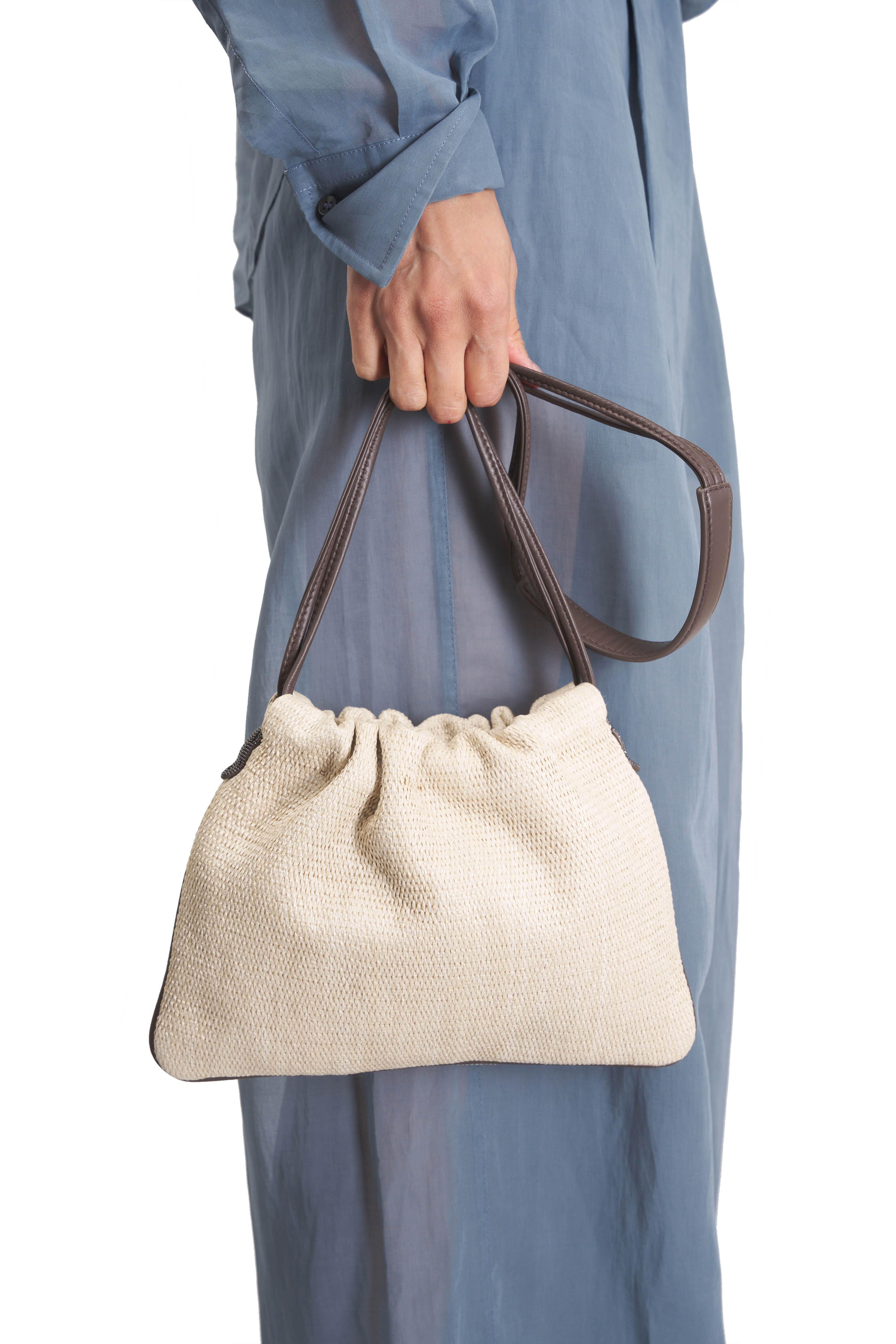 Brunello Cucinelli - Micro Embellished Raffia Drawstring Shoulder Bag