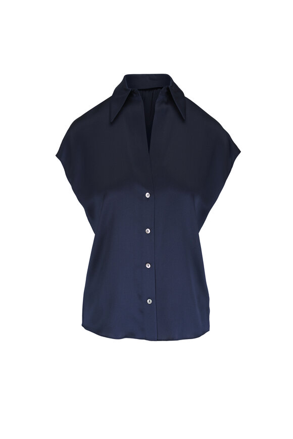 Vince Blue Silk Cap Sleeve Button Down Blouse - view 1
